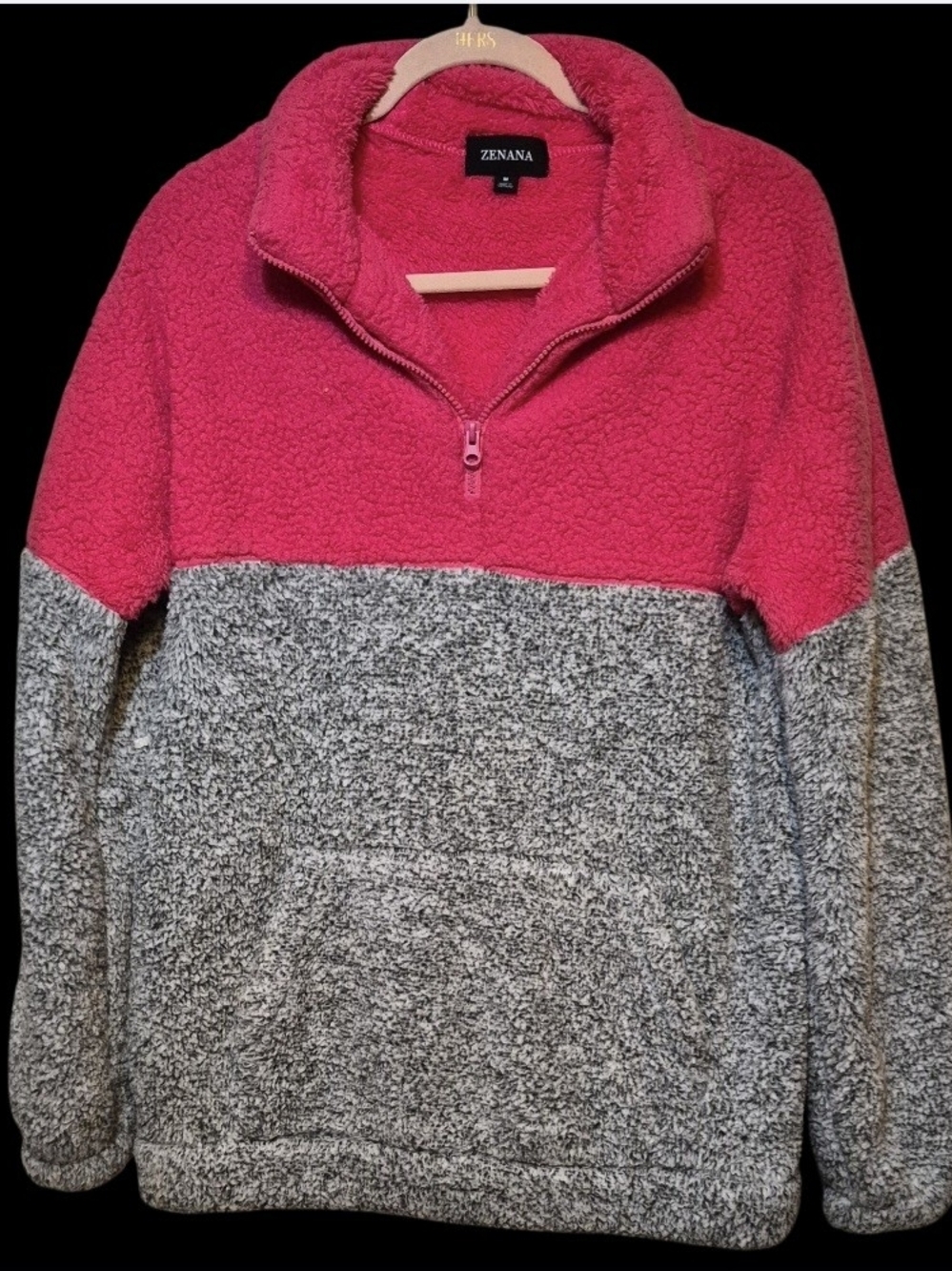 Zenana Outfitters Hot Pink and Heather Gray Sherpa Half-Zip Pullover